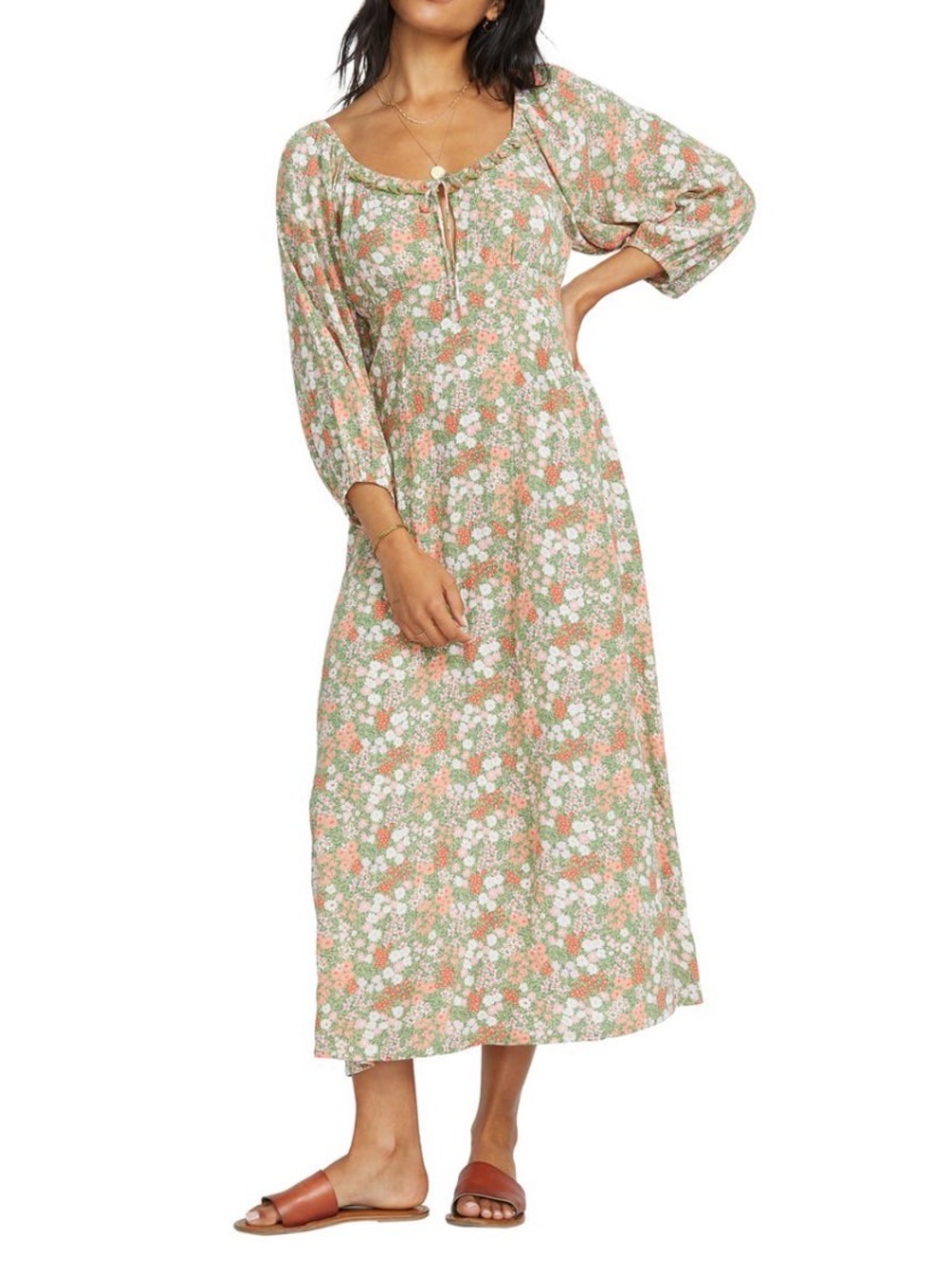 Billabong Floral Maxi Dress with Puff Sleeves - Green & Pink